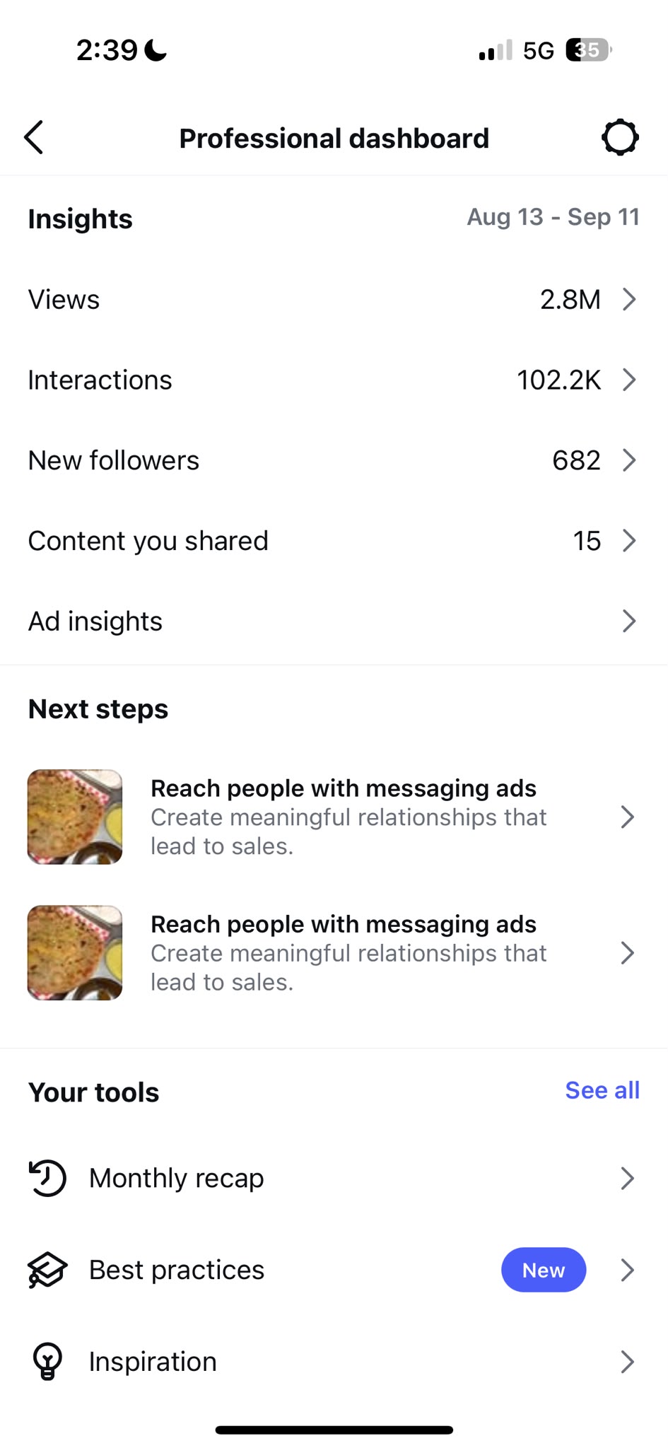 Instagram professional dashboard snapshot